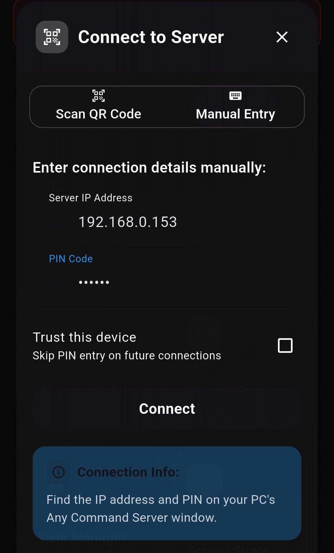 Pairing sheet with a QR code option, manual IP entry, PIN field and a trust this device checkbox