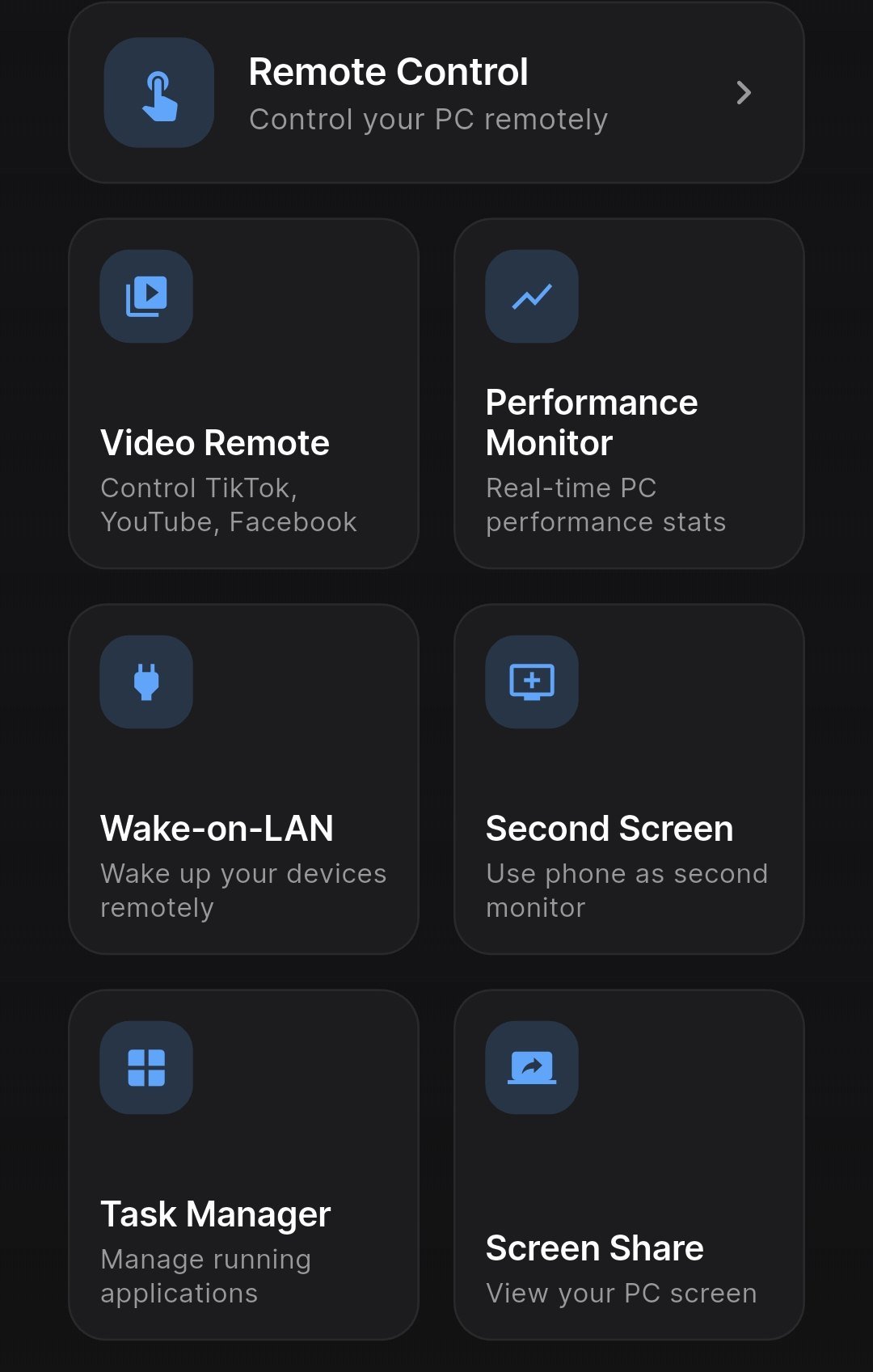 Any Command home screen listing Remote Control, Video Remote, Performance Monitor, Wake-on-LAN, Task Manager and Screen Share